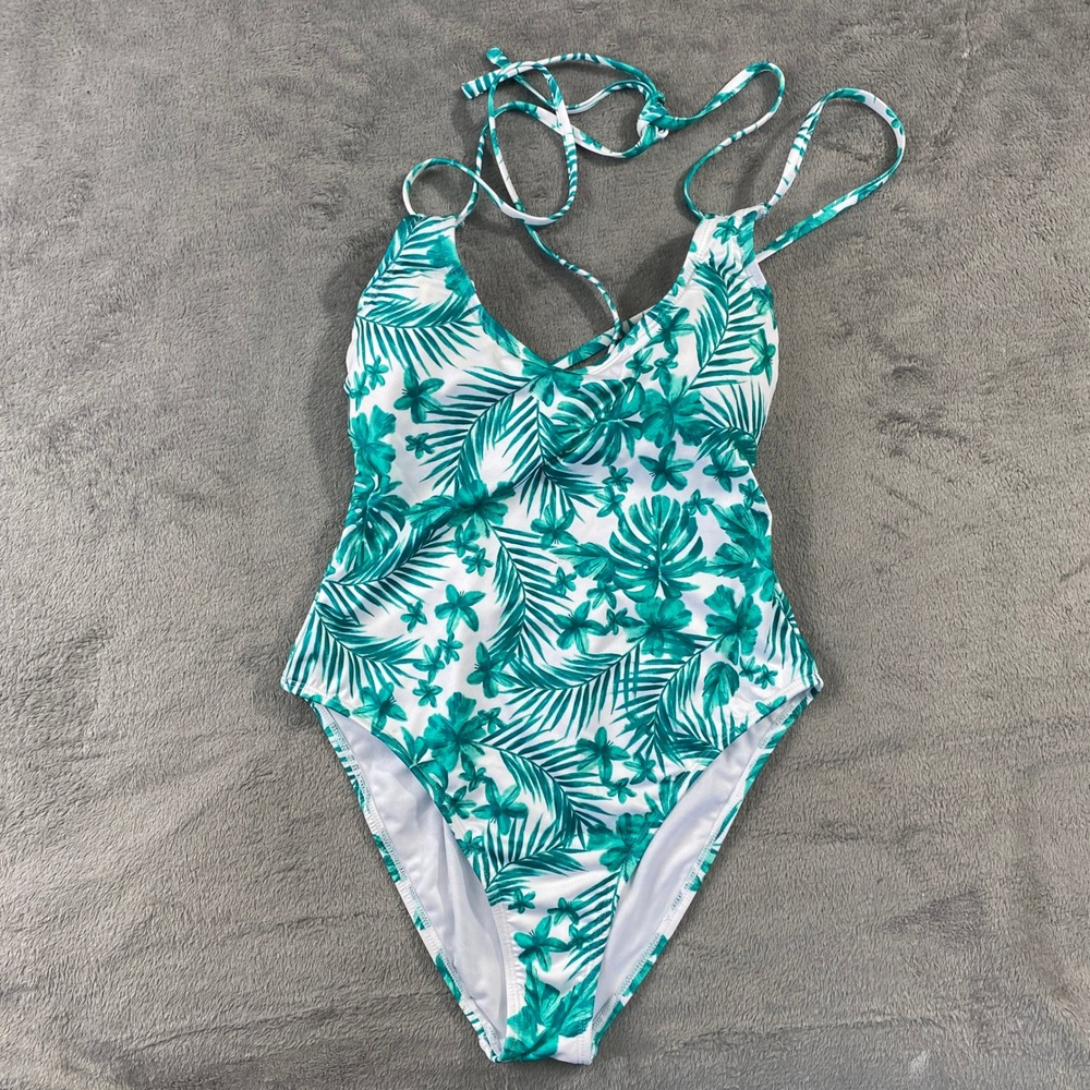 Hurley One Piece Swimsuit Womens M White Green Tropical Palm HURN24086 Tie Back